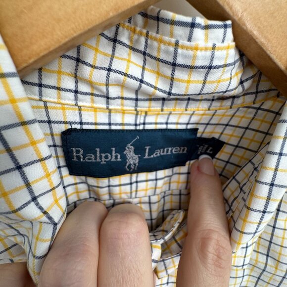 Ralph Lauren‎ Mens Classic Fit Yellow Blue Plaid Button Down Shirt L Relaxed Fit - Picture 5 of 7
